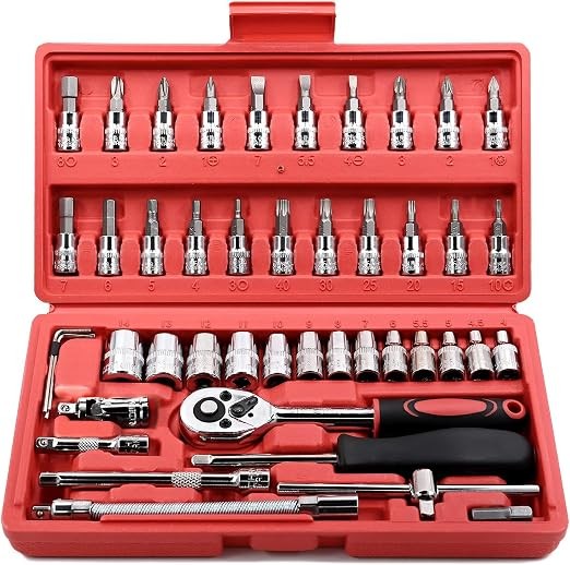 EGOFINE 46 Pieces 1/4 inch Drive Socket Ratchet Wrench Tool Set, with Bit Socket Set Metric and Extension Bar for DIY, Auto Repairing and Household, with Storage Case
