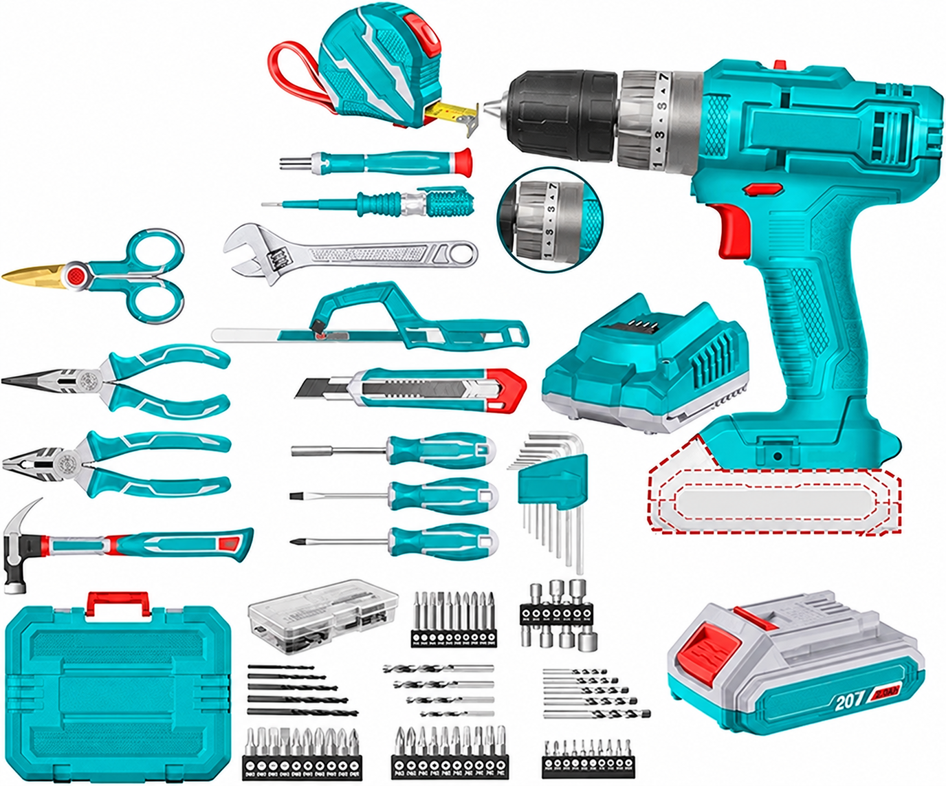 Super Total 165-Piece Tool Set with 20V Cordless Impact Drill, Battery & Charger - Complete Home Repair & DIY Kit with Screwdrivers, Wrenches, Pliers, Drill Bits & More - THKTHP11652